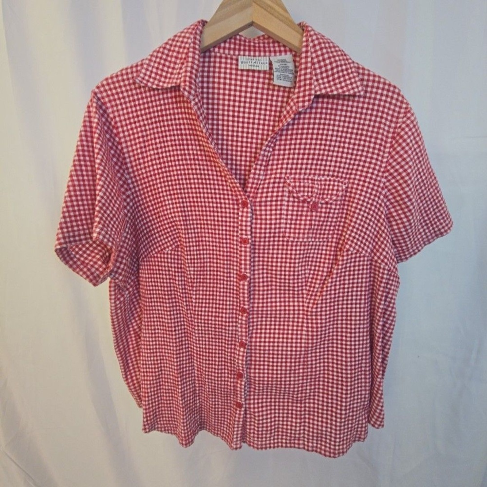 White Stag Shirt Womens XL Red Gingham Button Front Short Sleeve Cotton Top